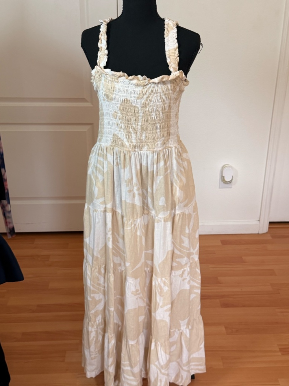 ap Tan White Tropical Print Linen Maxi Dress Smocked Tiered Halter XL